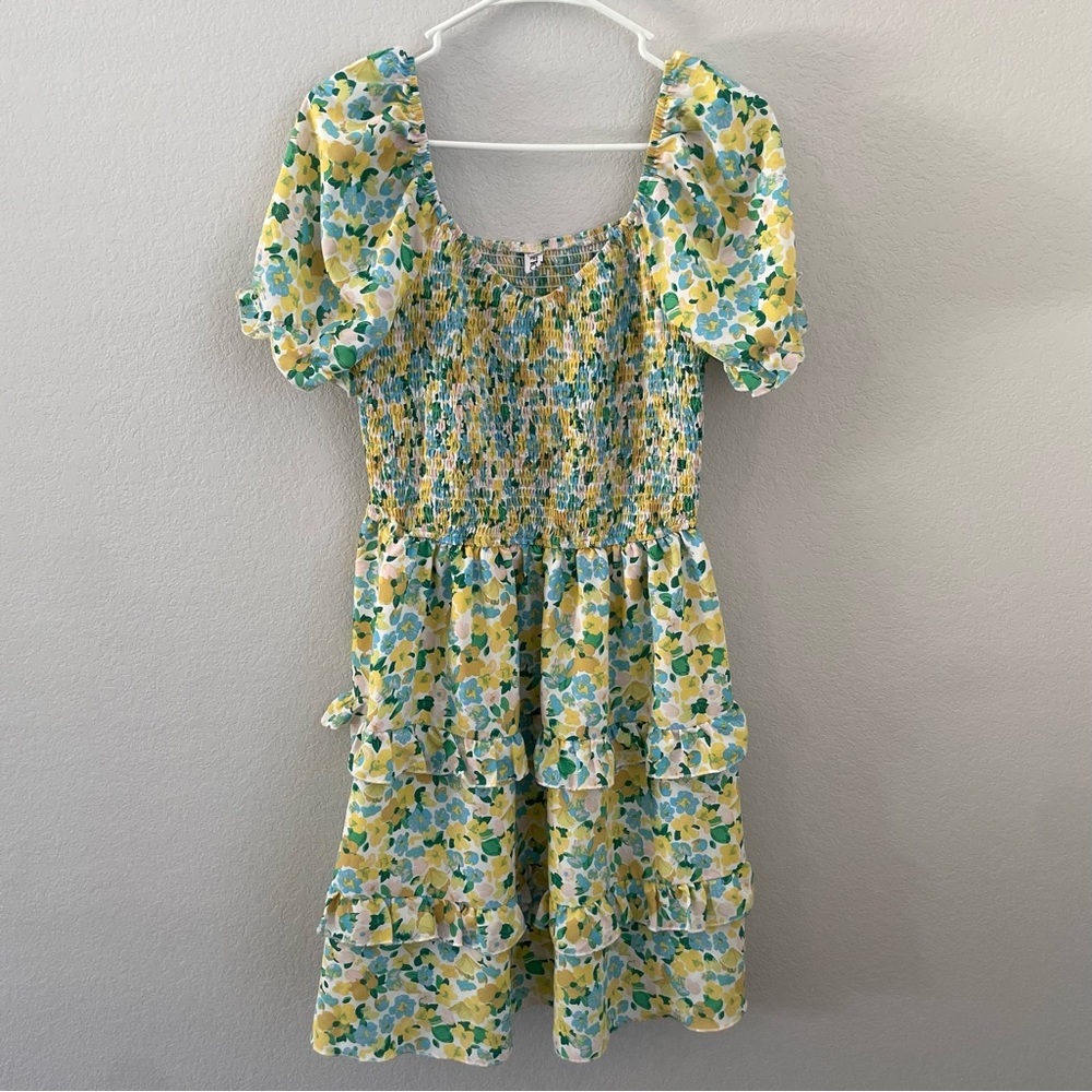Smocked Floral Mini Dress Cottagecore Puff Sleeve Tiered Square Neck Large